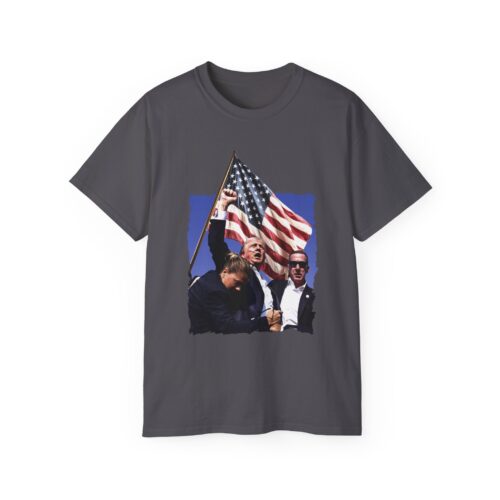 a grey t-shirt with a picture of two men holding a flag